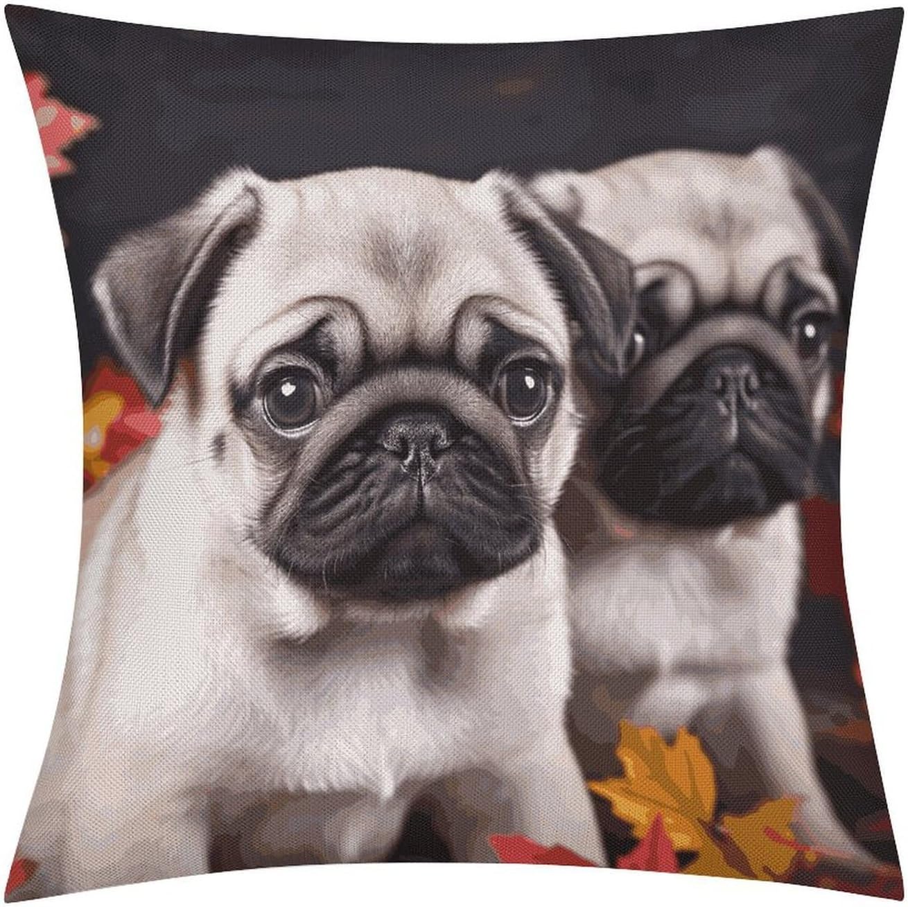 Puppys Pug Pillow Protectors Cute Waterproof Pillow Cover Soft Skin-Friendly Cushion Case Decorative Square Cushion Cover for Couch Sofa Bed Living Room Bedroom