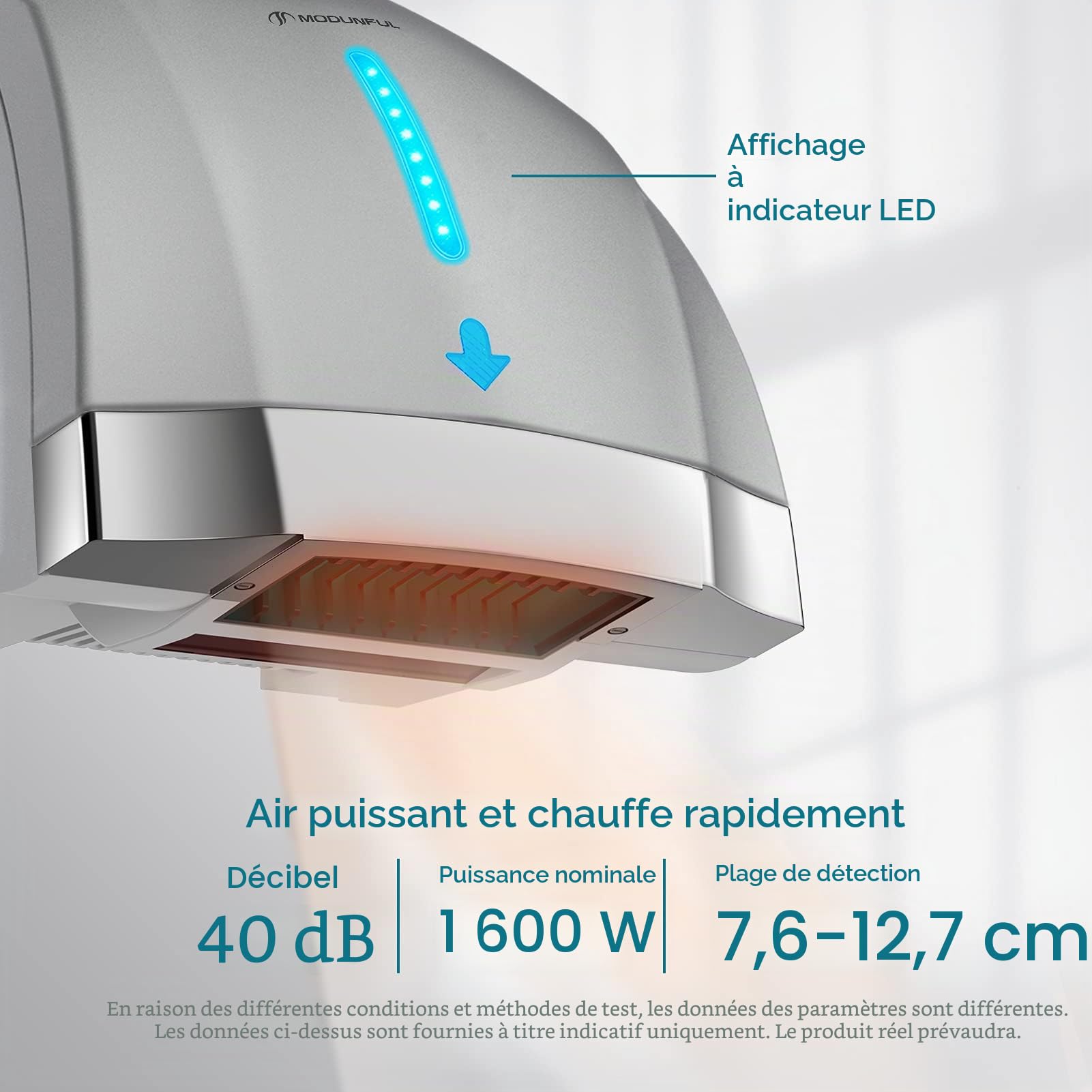 modunful Sèche-mains pour toilettes professionnels, sèche-mains électriques à chauffage automatique pour la maison, extra silencieux à faible bruit (40 db), montage mural avec prise, argenté