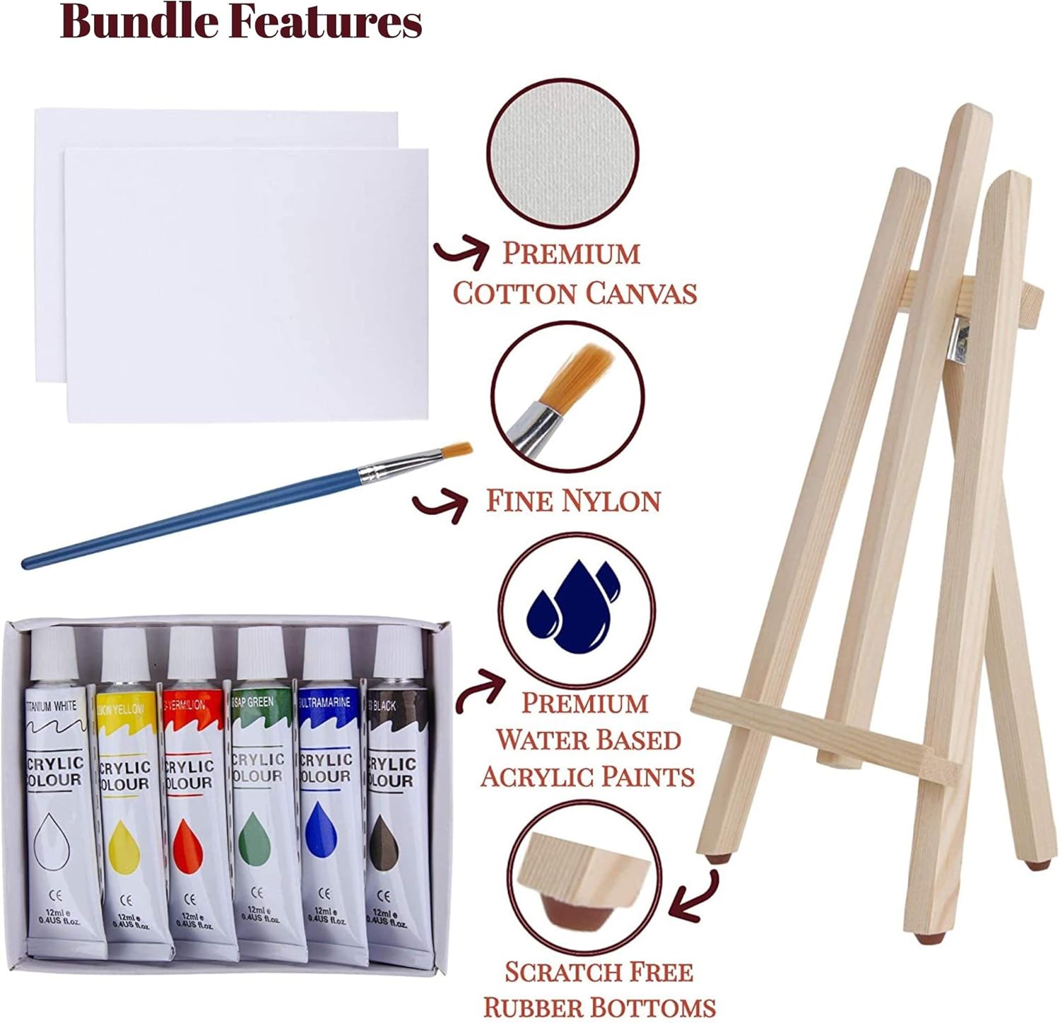Art Canvas Paint Set Supplies – 63 Piece Paint Kit Canvas Acrylic Painting Kit with Wood Easel & Peg Dolls, 8x10 inch Canvases, 12 Non Toxic Washable Paints, 5 Brushes, Palette and Color Mixing Guide