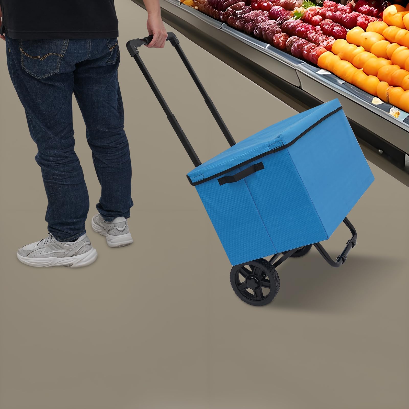 Składany wózek na zakupy 64 l – wózek na zakupy z regulacją wysokości, nośność 80 kg, łatwy do przechowywania w supermarkecie, na targ i w podróży (niebieski)