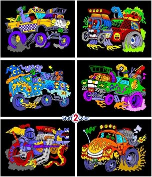 Stuff2Color Monster Cars and Trucks Fuzzy Poster Coloring Poster 6-Pack Coloring Fun for Boys and Toddlers - Great for Quiet Time, Coloring with Friends, or as a TV-Off Activity
