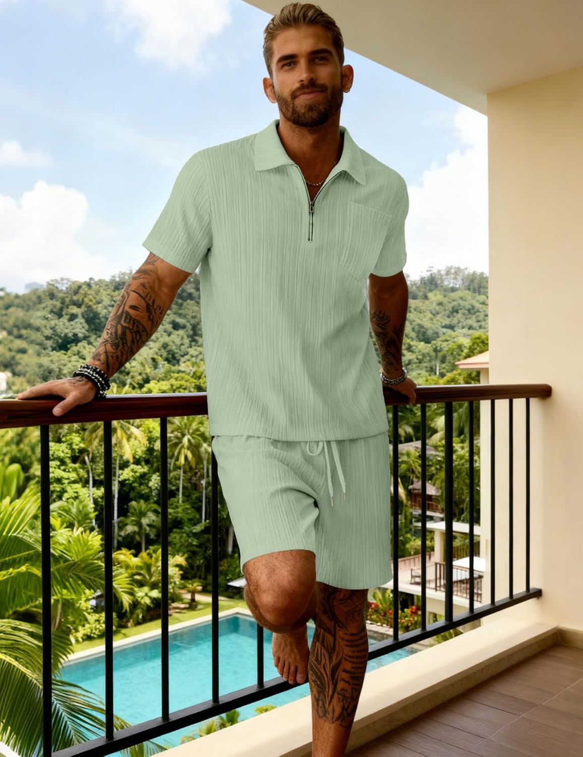 Bealin Men's Summer Beach Outfits 2 Piece Vintage Short Sleeve Henley Shirts and Shorts Vacation Texture Sets - Image 2