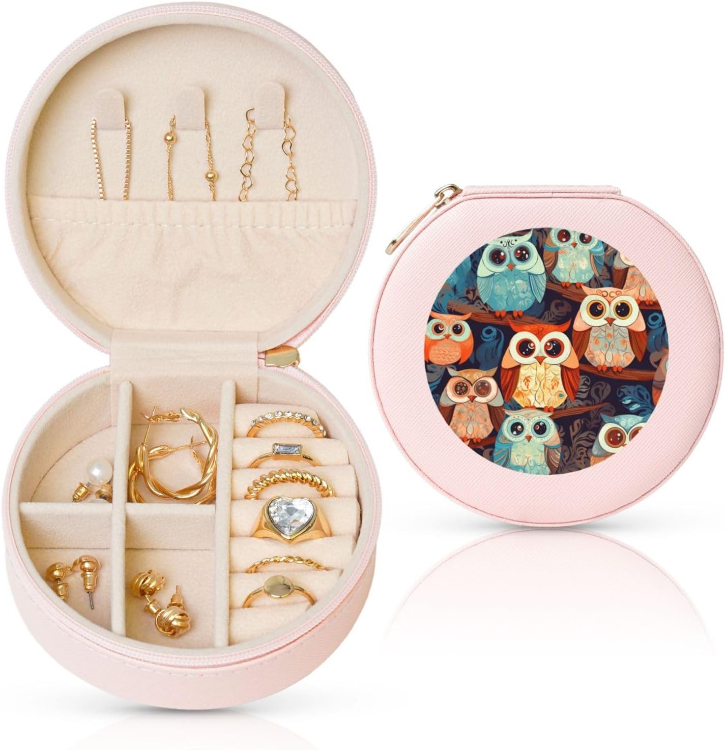Small Jewelry Box Leather Travel Jewelry Case Waterproof Round Jewelry Organizer Pink For Womens Rings Necklaces Gifts Anime Owl