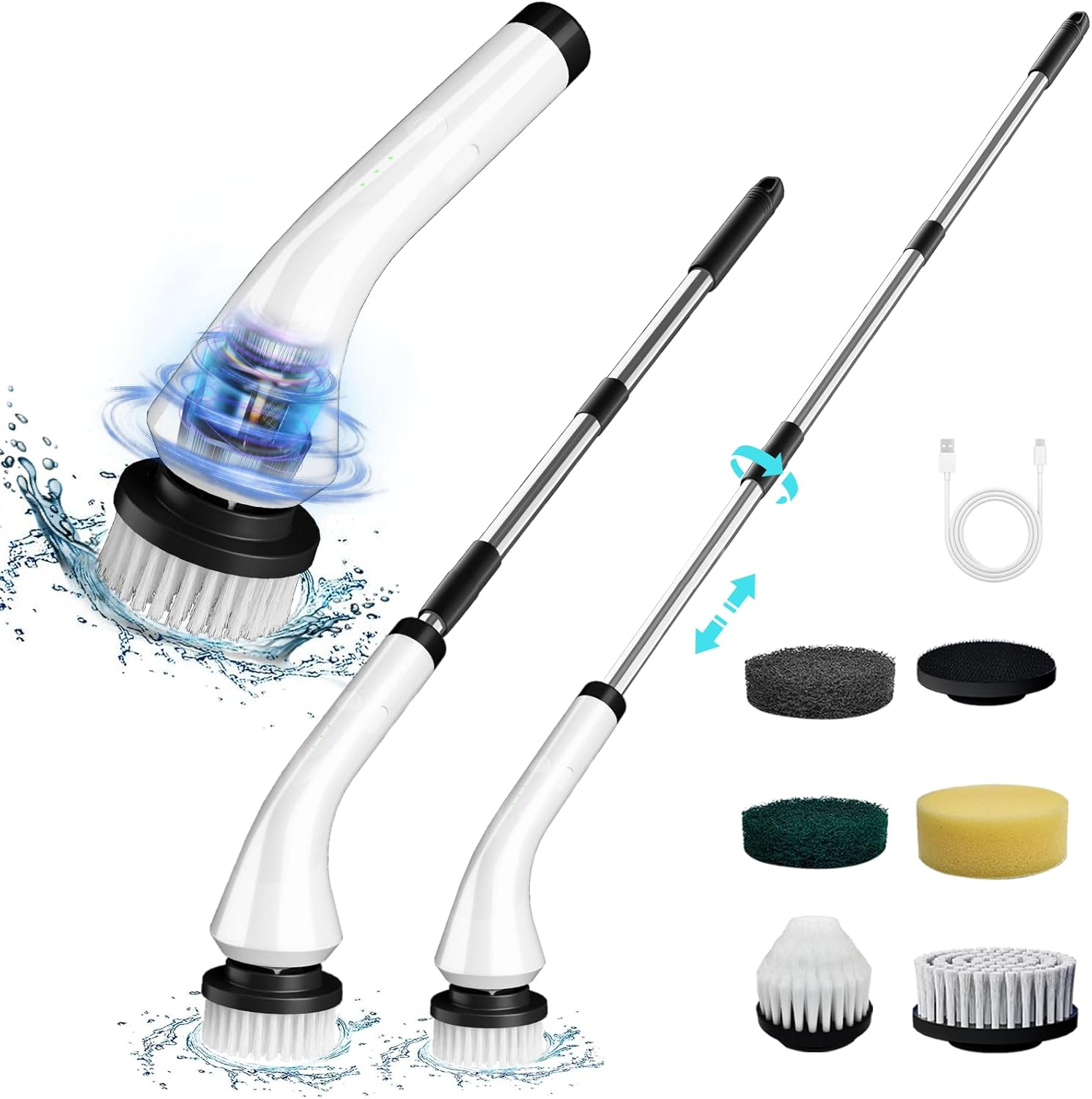 Electric Spin Scrubber,Cordless Bathroom Cleaning Brush with Replaceable Heads & Adjustable Extension Long Handle,Dual Speeds Power Shower Scrubber for Tile,Bathtub,Floor,Kitchen (White)