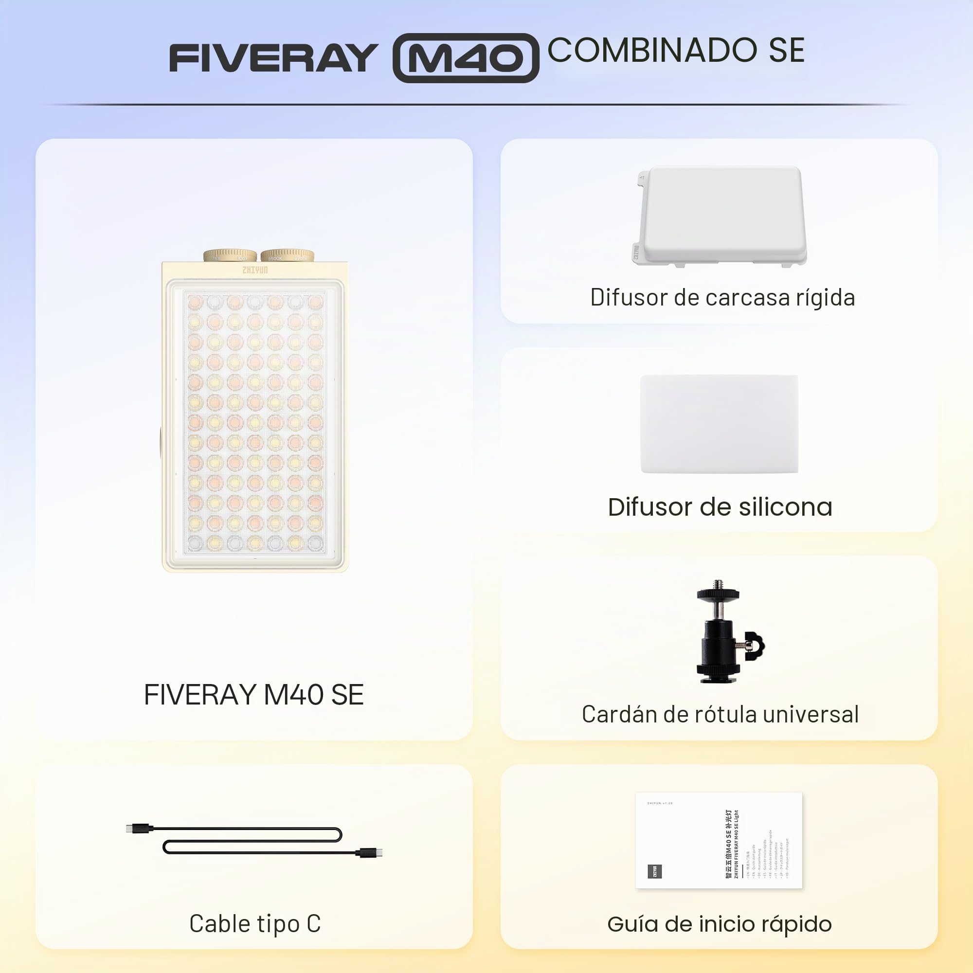 ZHIYUN FIVERAY M40 SE Combo[Oficial] Luz de Video LED, 17100 Lux, 2700–8500K, CRI≈95, TLCI ≥ 97, 84 Leds, 250g, Luz Portátil para Video para Youtube TikTok