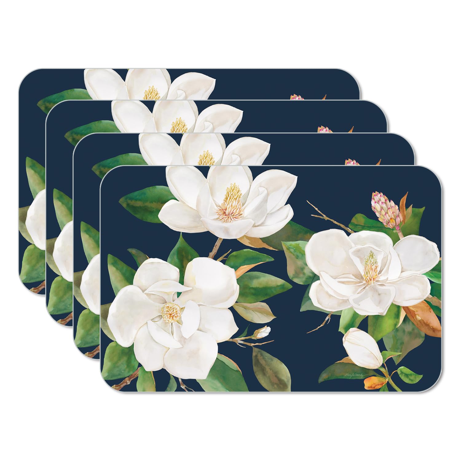 CounterArt Magnolia in Bloom 4 Pack Reversible Easy Care Flexible Plastic Placemats Made in The USA BPA Free PVC Free Easily Wipes Clean