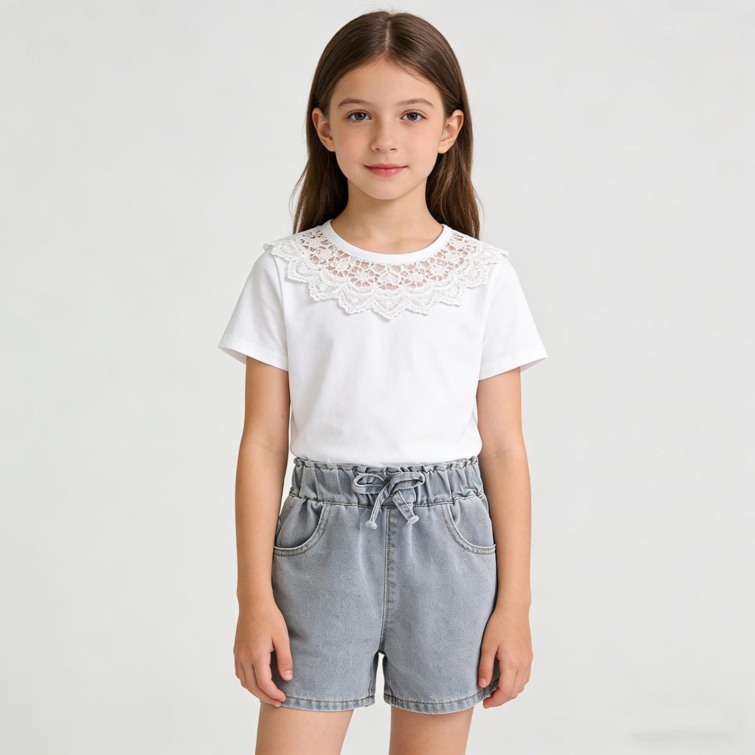 Girls Cherry Embroidery Stripe Jeans Shorts Cotton Elastic Waist Wide Leg Shorty Cute Y2K Summer Jorts Daily Wear
