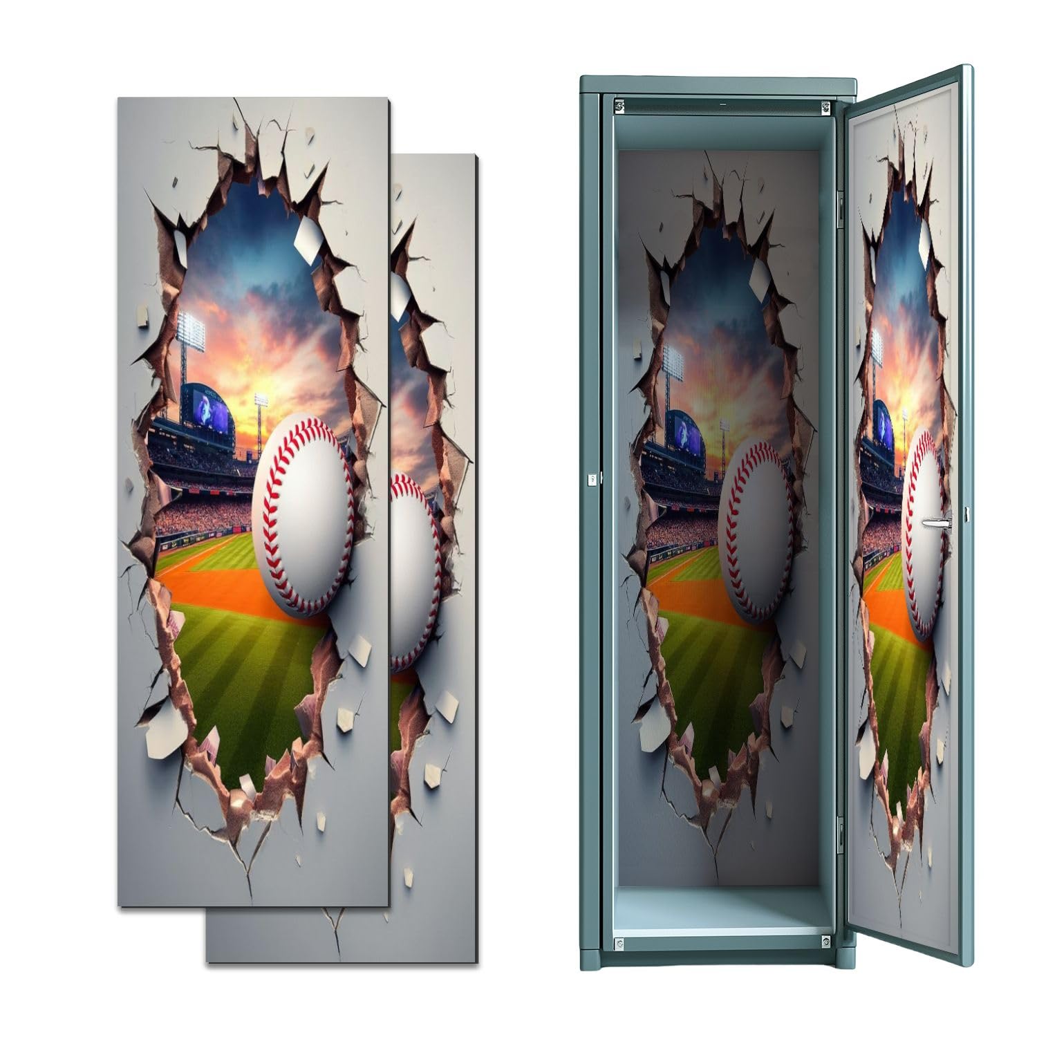 2 Pcs Locker Magnetic Wallpaper 3D Baseball Wall Sticker Decals Boys Room Theme Cracked 12" x 36" Wall Magnetic Sticker Removable Locker Accessories Decor Easy Install for Office School