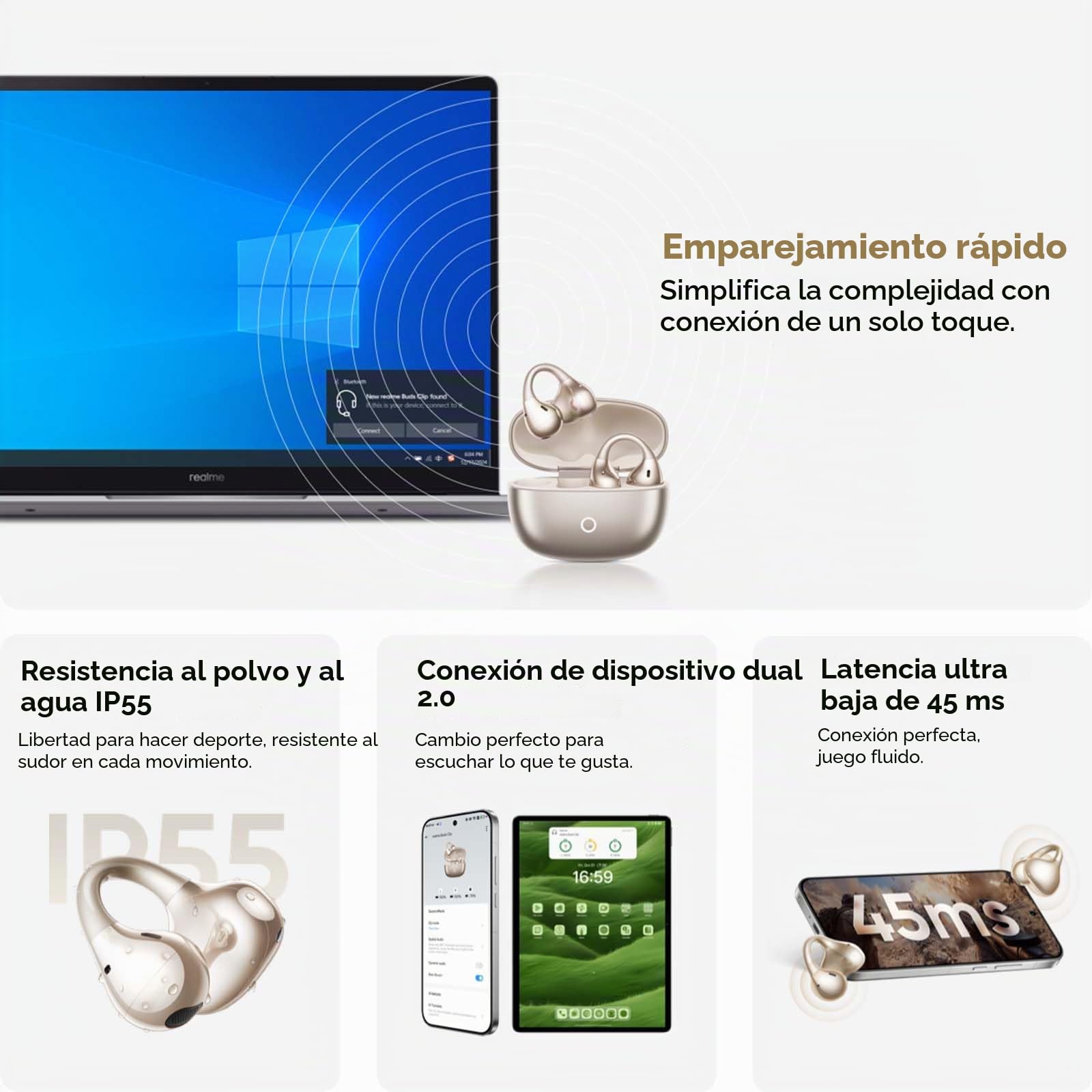 realme Buds Clip Auriculares Bluetooth Inalámbricos Deporte Oro
