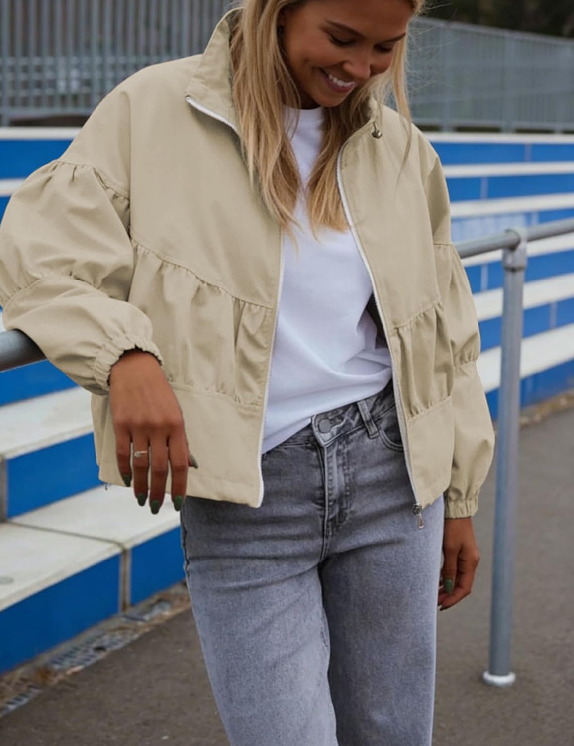 Watashi Women Cropped Bomber Jacket Casual Lightweight Spring Fall Lapel Coat Balloon Long Sleeve Streetwear Outerwear
