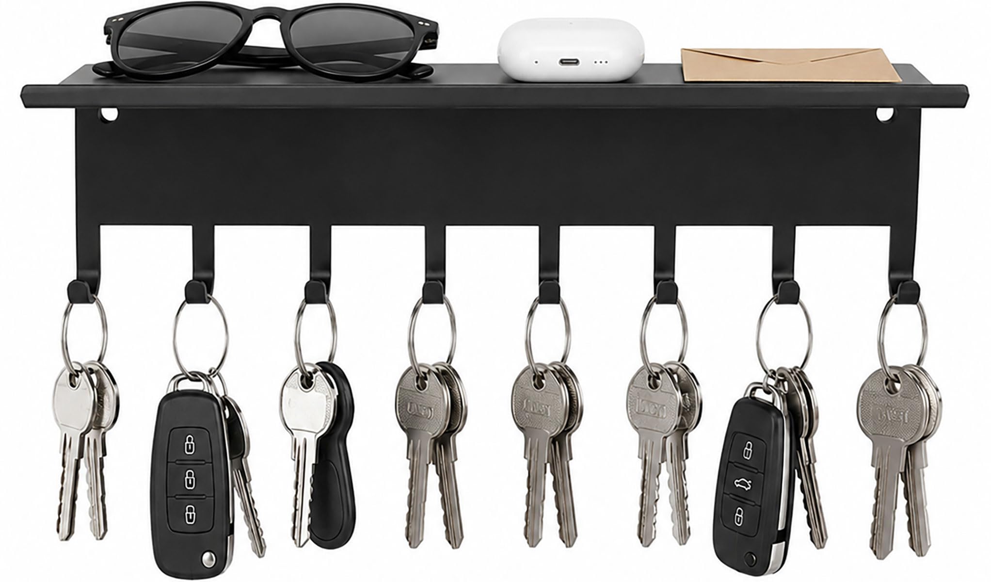 Colgador de ganchos para llaves de pared metálico y organizador negro para cocina y garaje