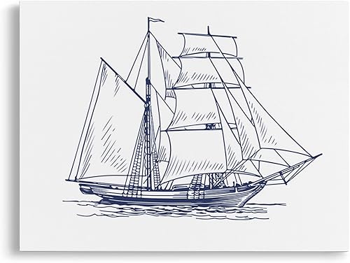 VNWEK Lienzo de boceto náutico retro de barco de vela con marco de 14 x 11 pulgadas, decoración de pared de barco vintage para playa, casa, baño,