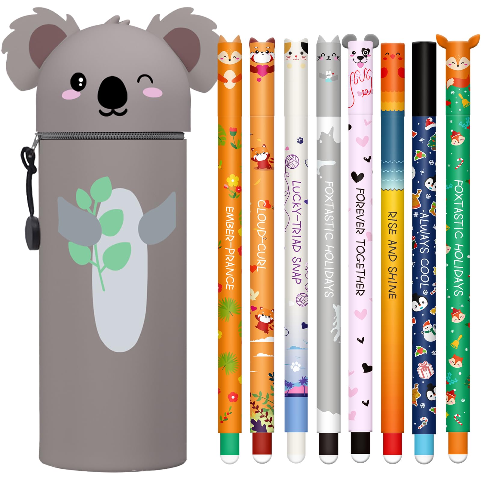 Radierbare Gelstifte 8 Stück + Federmäppchen – Thermoempfindliche Tinte, 0,7 Mm, Mit Koala-Design