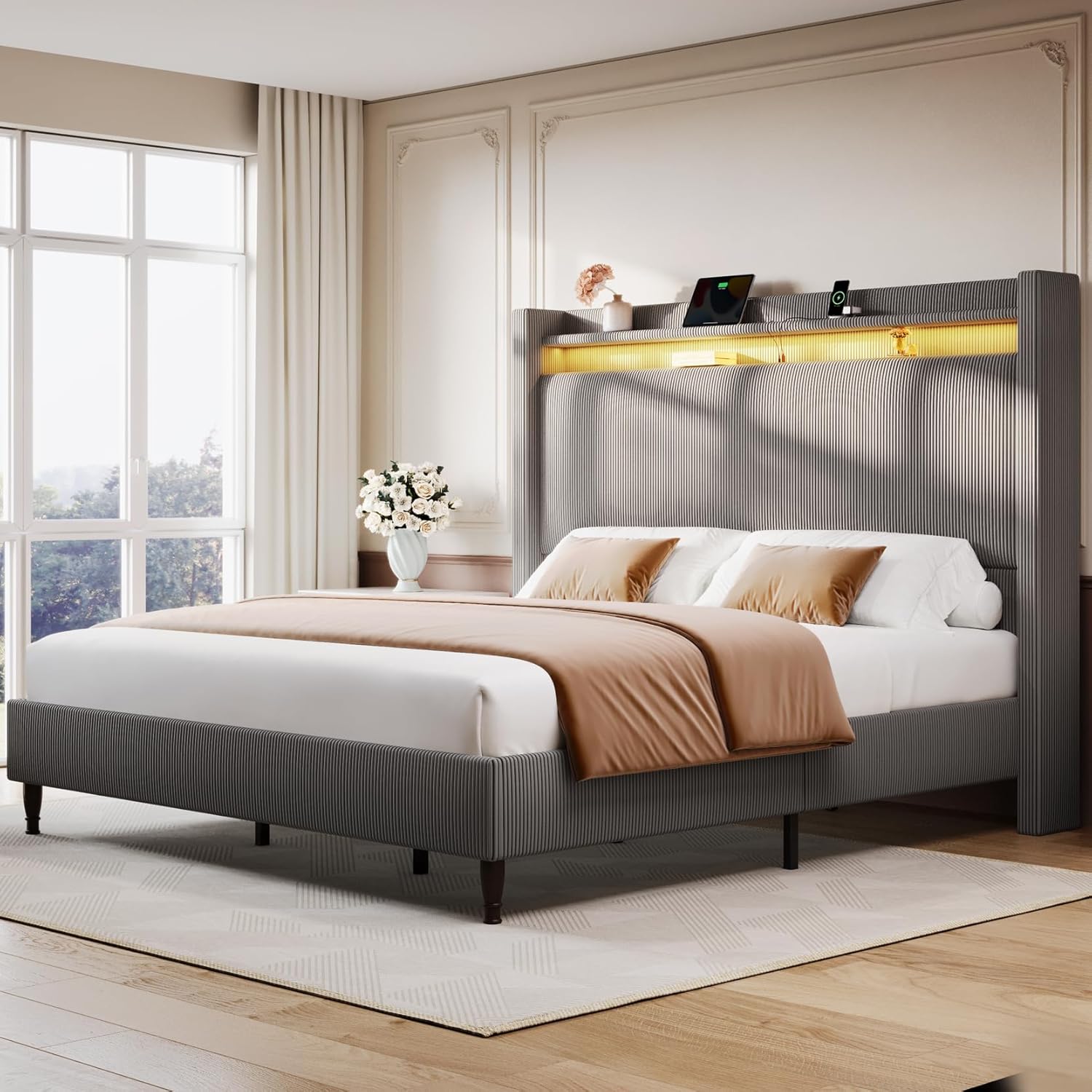 King Bed Frame with 55.3" Tall Headboard, Corduroy Upholstered Platform Bed with LED Lights & Charging Station, Wingback Storage Headboard, Solid Wood Slats,Noise Free,No Box Spring Needed,Gray Brown
