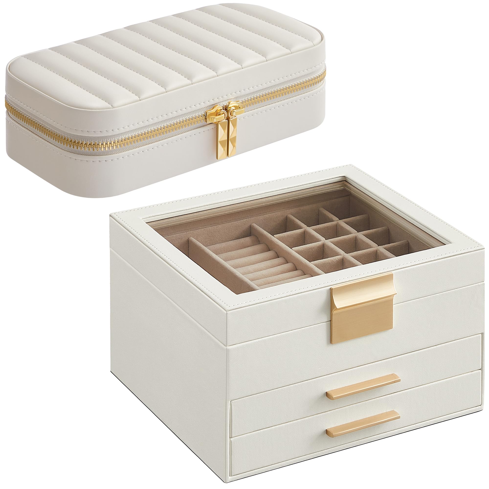 SONGMICS 3-Tier Jewelry Organizer with Glass Lid and Rectangular Travel Jewelry Box Bundle, with Drawers, Mirror, PU, Modern, Gift Idea, Cloud White UJBC239WT and UJBC180W01