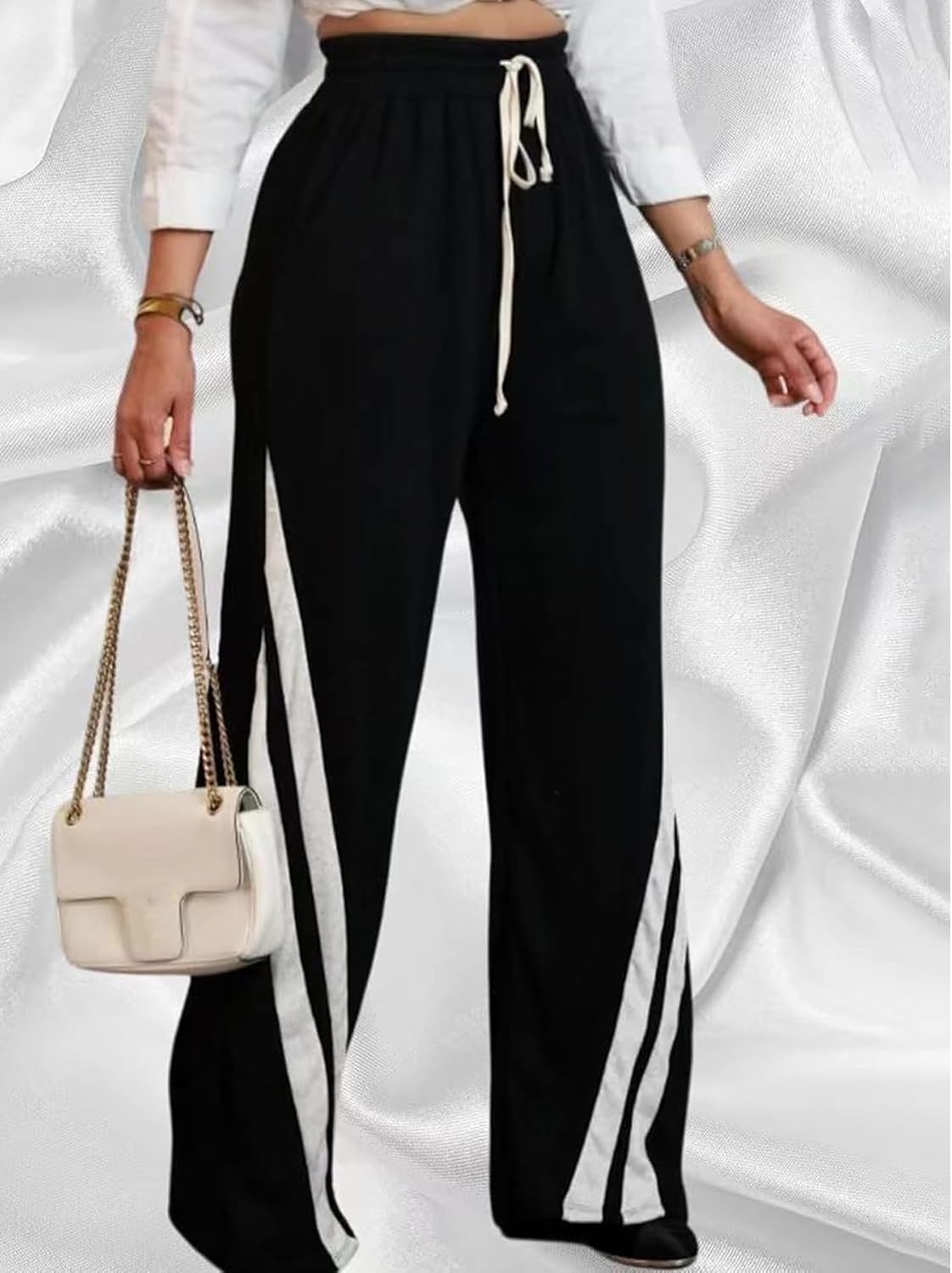 Wonen's Wide Leg Sweatpants Women Striped Drawstring Hight Waisted Baggy Jogger Track Trousers - Image 3