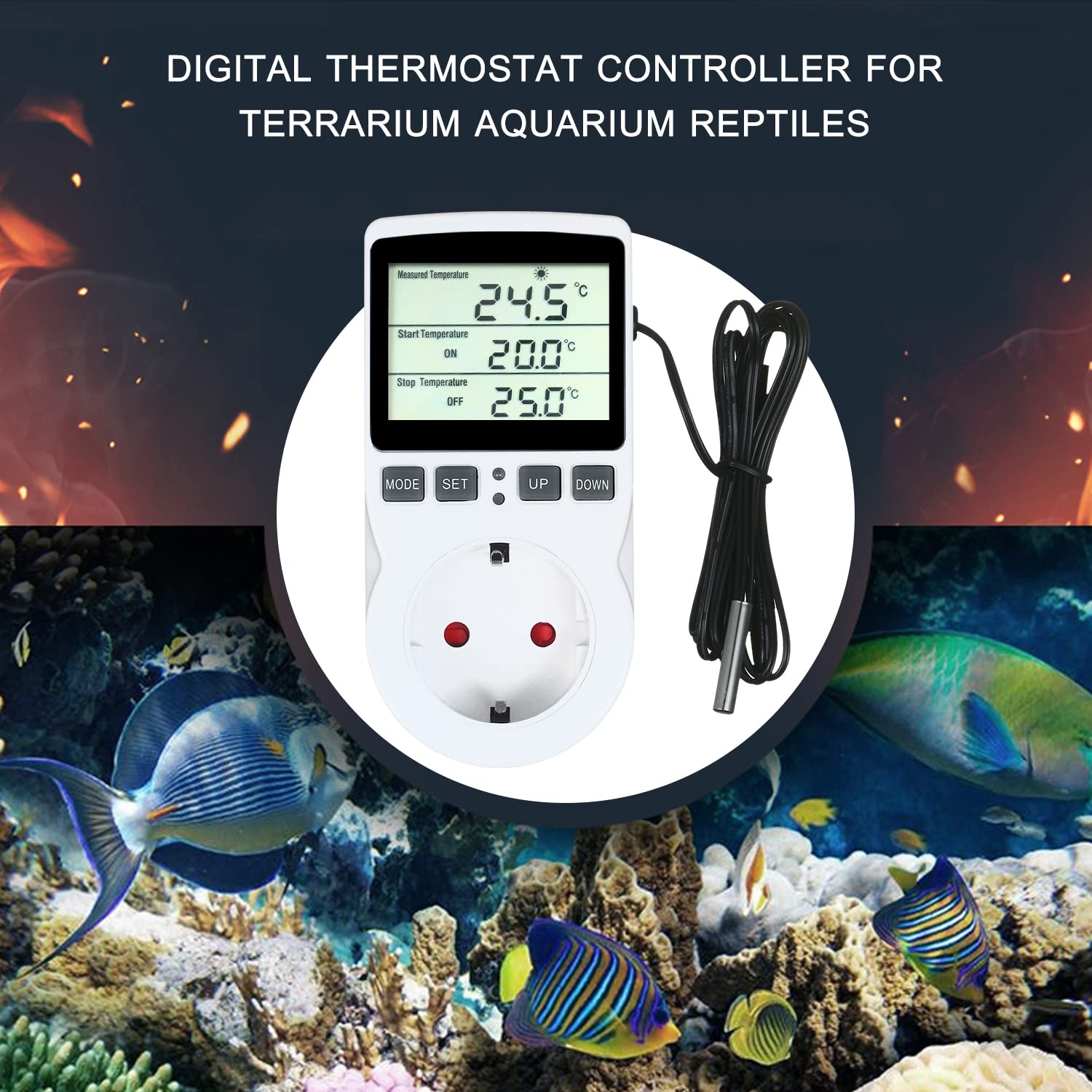 Termostato Digital, Weytoll Termostato LCD Enchufe de Salida Control de Enfriamiento de Calefacción para Terrario Acuario Reptiles Toma de Salida con Control de Temperatura con Temporizador y Sonda