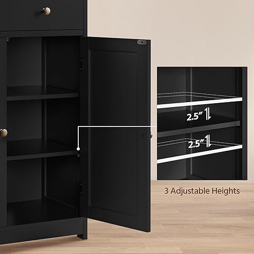 Miniatura 5 de Yaheetech Armario de almacenamiento de baño con 1 cajón y 2 puertas, armario de piso de baño con estante ajustable, unidades de almacenamiento de