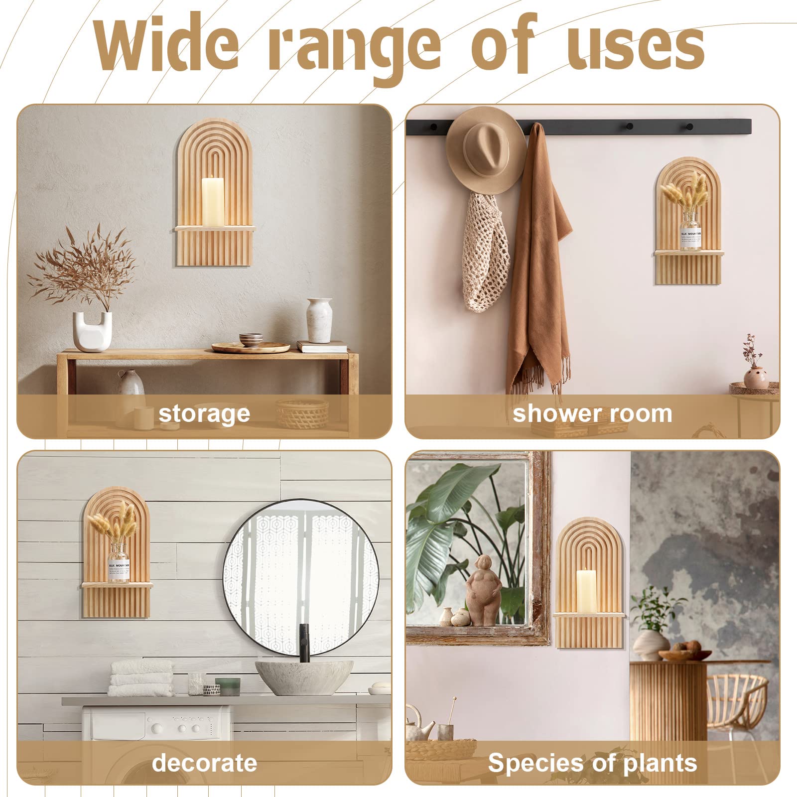 2 estantes flotantes bohemios para pared, pequeños soportes colgantes de madera para sala de estar, baño, dormitorio, oficina, cuarto de bebé, decoración (clásico) 5