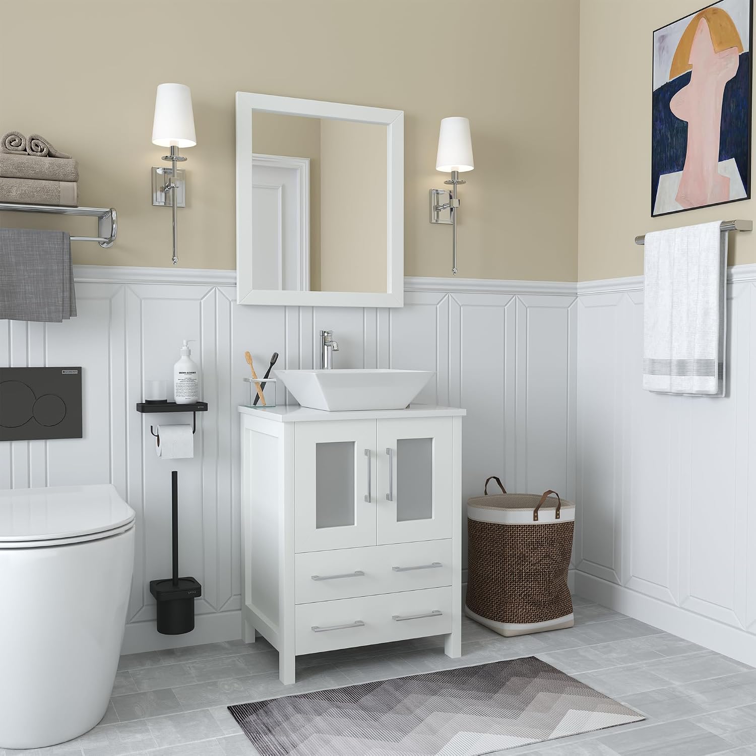 Vanity Art 24 Inch Vessel Single Sink Bathroom Vanity Cabinet with 1 Mirror, Engineered Marble Top Bathroom Cabinet Compact Set with 2 Dovetail Drawers and Soft Closing Doors, VA3124-W