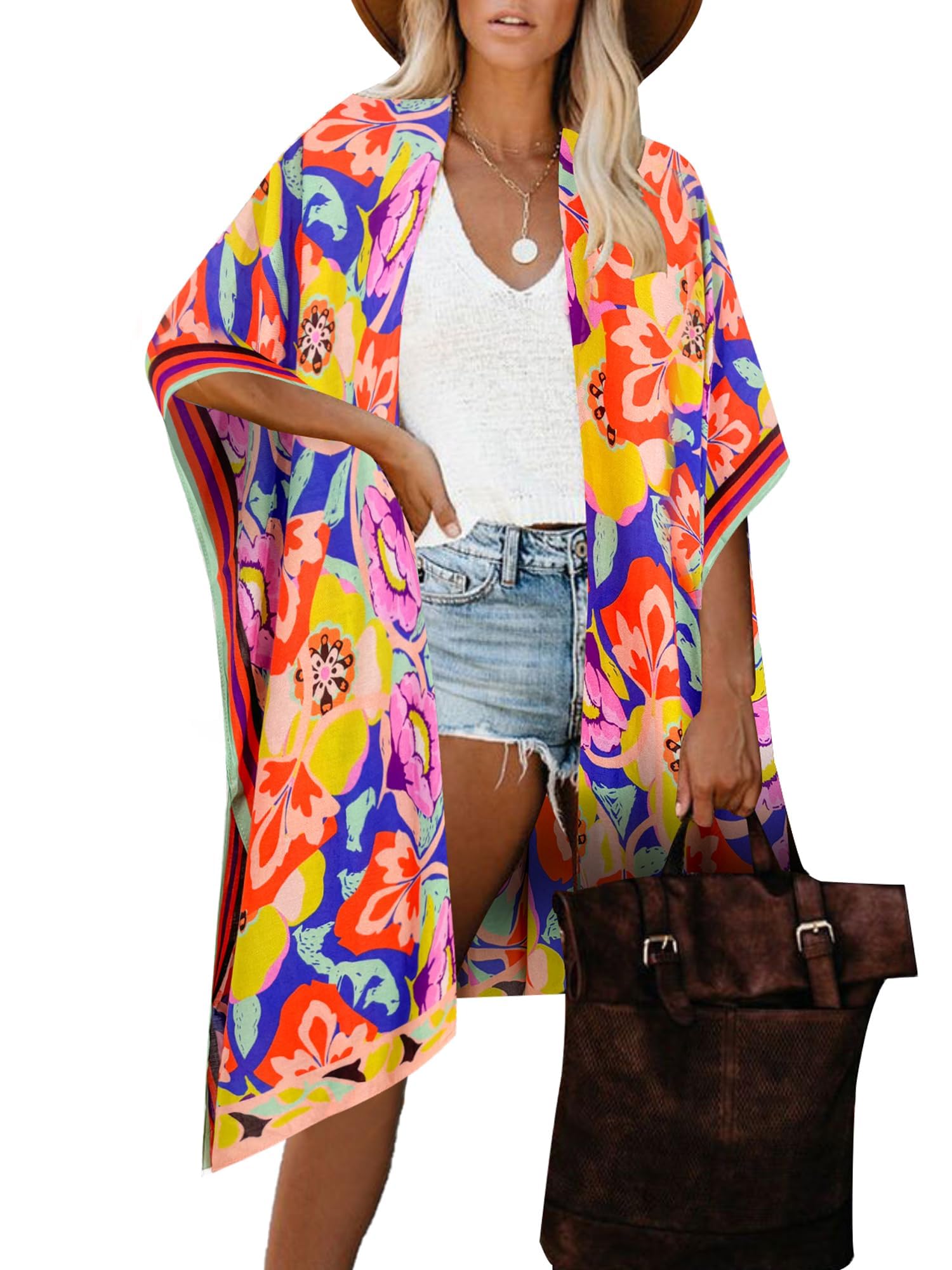 breezy lane Damski kwiatowy kardigan kimono bikini okrycie plażowe na co dzień stroje kąpielowe na wakacje