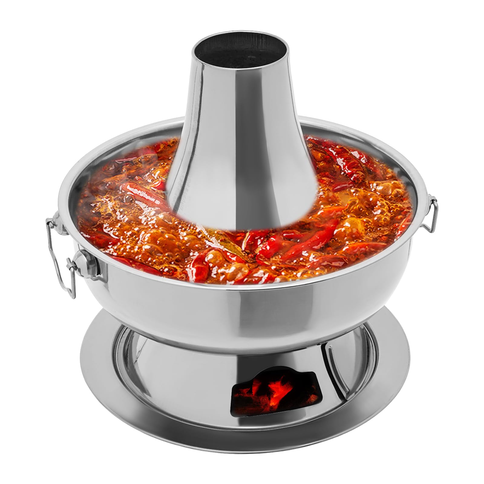 Chinesischer Holzkohle-Hotpot 2.3L Edelstahl Vintage mit Schornstein, Suppenlöffel und Sieb für Haushalt Restaurants (Silber)
