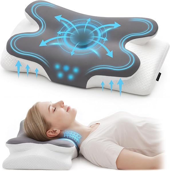 COSYLAND Almohada Cervicales y Cuello - Espuma Viscoelástica, Diseño Mariposa con Soporte Ergonómico y Transpirable, para Dormir de Lado, Boca Arriba y Boca Abajo, 63 x 34 x 11/13 cm - 2
