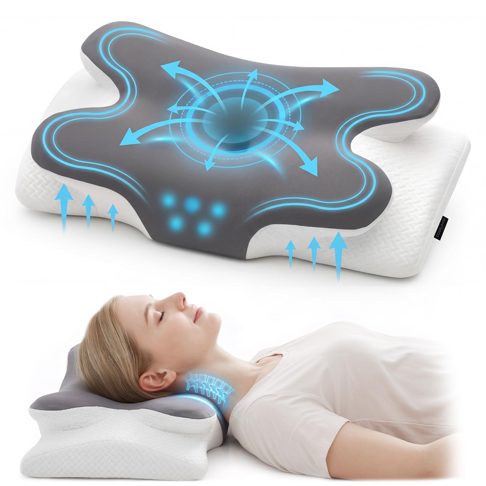 COSYLAND Almohada Cervicales y Cuello - Espuma Viscoelástica, Diseño Mariposa con Soporte Ergonómico y Transpirable, para Dormir de Lado, Boca Arriba y Boca Abajo, 63 x 34 x 11/13 cm - 2