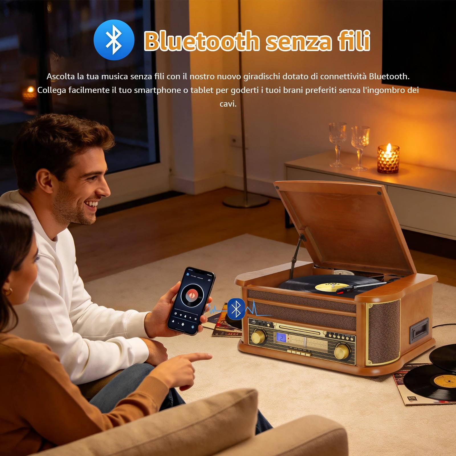 Giradischi 9 in 1 con Bluetooth, Radio AM/FM, Lettore CD e Cassette, Riproduzione USB, Telecomando, Altoparlanti Integrati, Giradischi Vintage