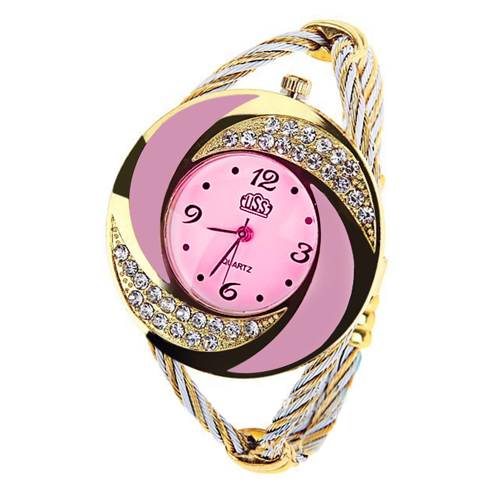 matumou Wristwatch Spiral Waterproof Round Rhinestone Braid Bangle Watch for Gift Wrist Watch