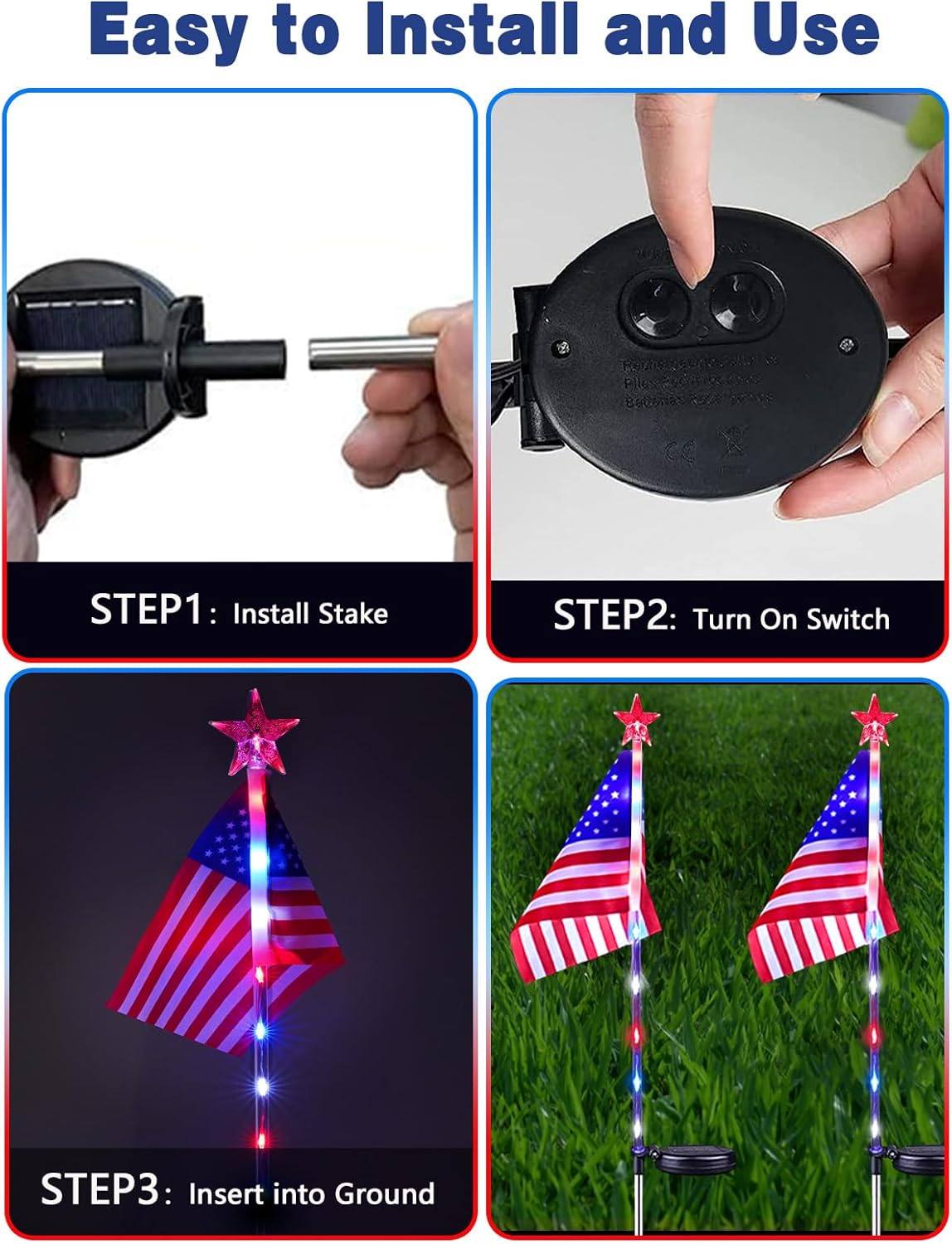 8 Pack American Flag Solar Lights Outdoor, 4th of July Decorations with 2 Modes, Waterproof Solar Flag Patriotic Lights for Yard, Garden, Pathway, Independence Day, Memorial Day (Red White and Blue)
