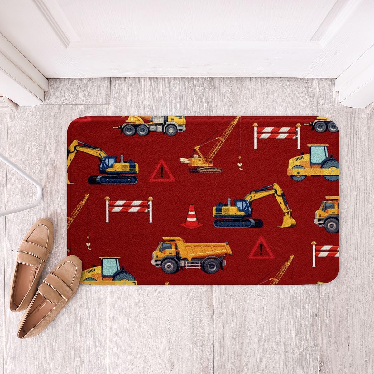 Castle Fairy Excavator Kids Bath Mat,Construction Vehicle Mats Rugs,Girls Boys Room Decor,Abstract Geometric Square Pixel Bathroom Carpets,Black and Yellow Bath Rug,Absorbent Floor Mats,16Wx24L Inches