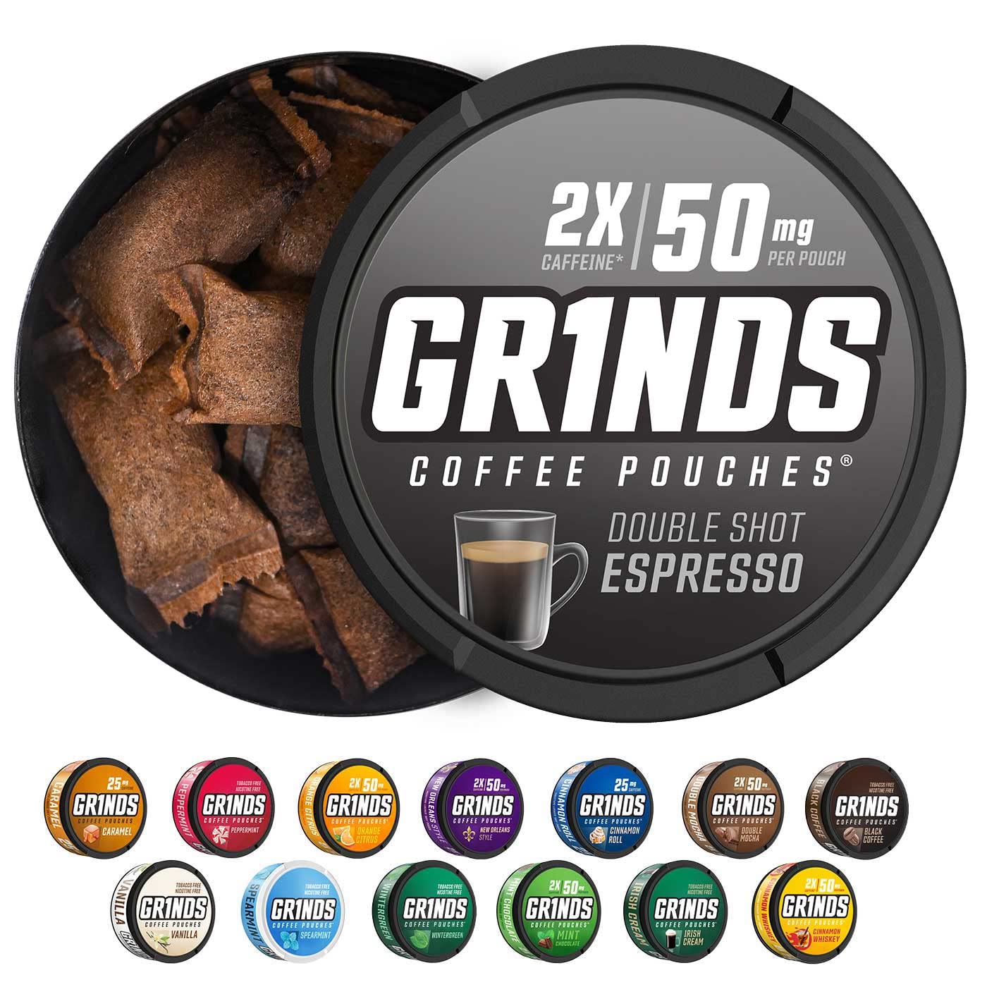 Grinds Coffee Pouches | Tobacco Free, Nicotine Free Healthy Alternative | 6 Cans of Double Shot Espresso | 18 Pouches Per Can | 2x Caffeine 1 Pouch eq. 1/2 Cup of Coffee