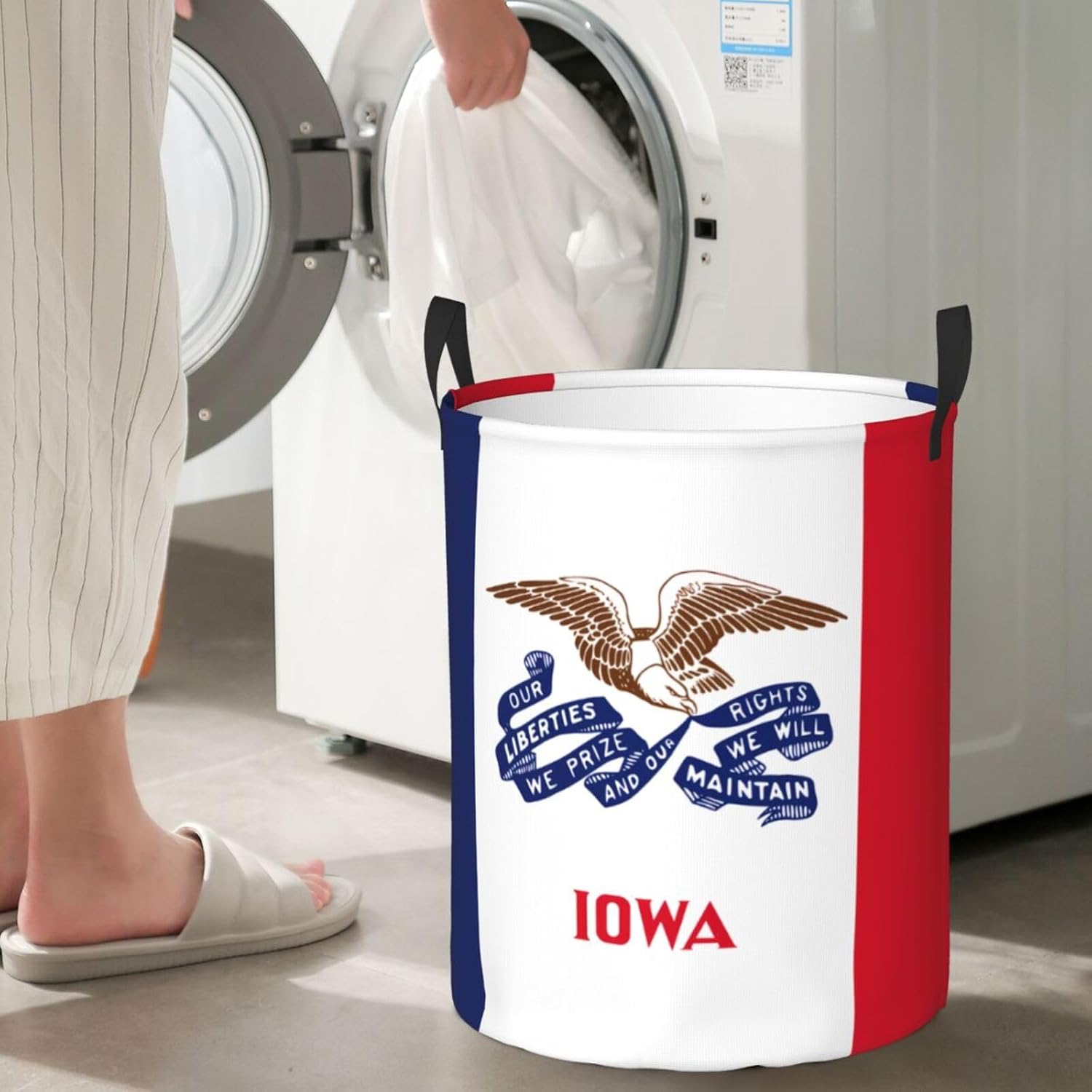 Portable storage basket with handle, Iowa state flag bedroom clothes laundry basket, round single layer laundry basket