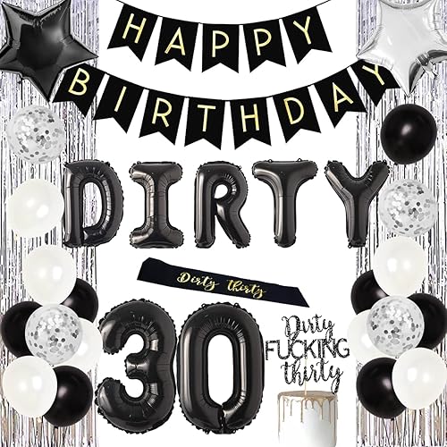 Decoraciones de fiesta de cumpleaños número 30 plateado y negro, pancarta de los 30 Dirty Thirty Globo Dirty 30 Sash Cake Topper para ella Él 30
