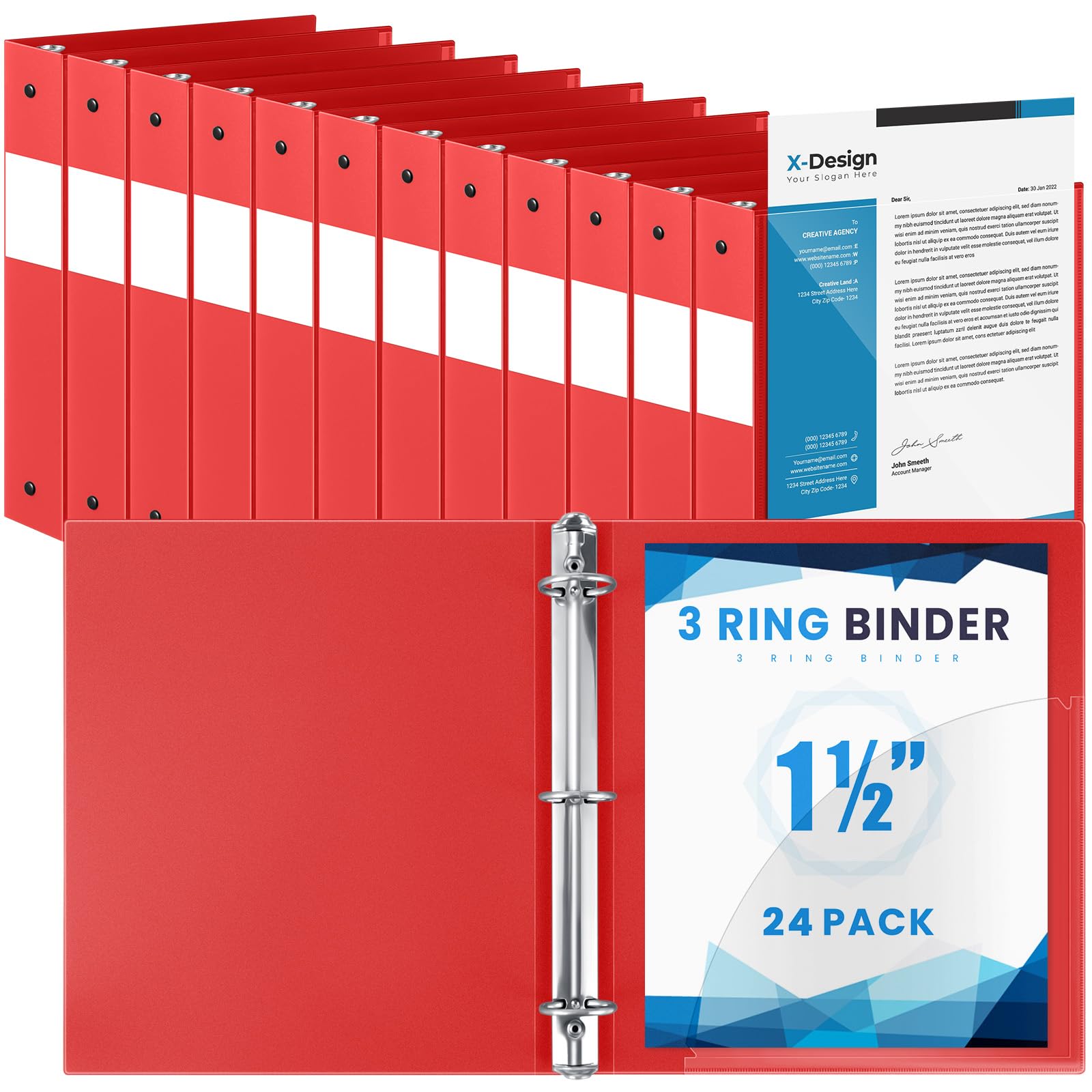 Henoyso 24 Pack 1.5 Inch 3 Ring Binder with Clear Cover Fit Letter Size 8.5" x 11" Paper Holds 350 Sheets, Bulk Binders for Organizing School, Office & Classroom Documents, 1 Pocket (Red)