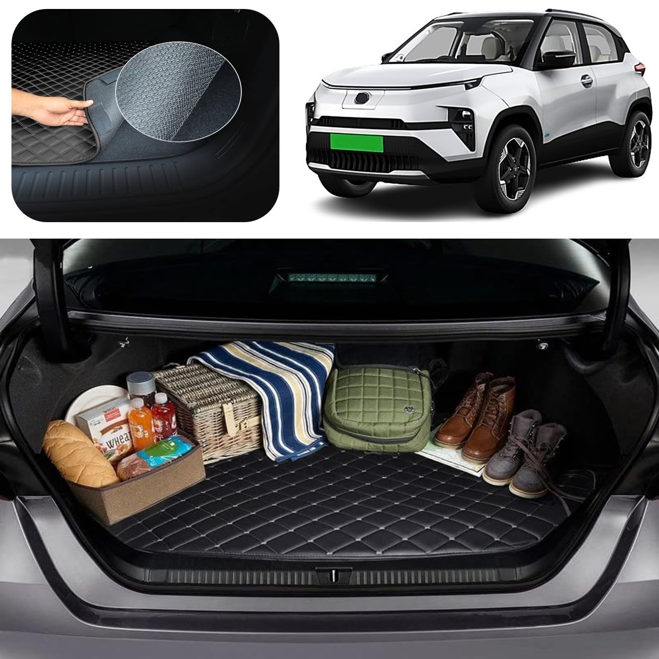 Vahan Expo 7D Luxury Car Trunk Mat/Dicky/Boot Mat Suitable for Punch EV | Full Dicky Coverage | Anti Skid | Anti-Slip | Car Accessories Interior Care (Punch EV, Black)