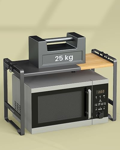 SONGMICS Étagère pour Micro-ondes, Extensible, Support pour Mini Four, Largeur Réglable de 41,5 à 64 cm, Étagère de Cuisine, Acier et Bambou, 4 Crochets, Noir d‘Encre et Bambou Clair KCS060B01 - 2