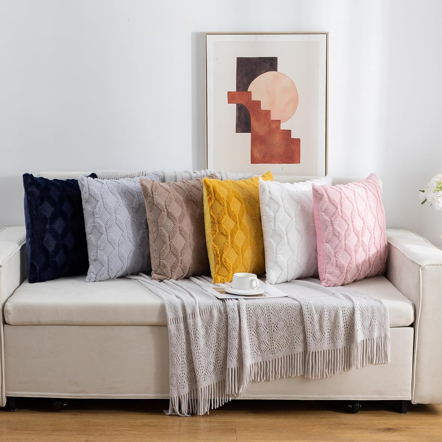 Faux Wool Throw Pillow Covers 18 x 18 Inch Set of 2 Boho Soft Plush Short Wool Pillowcase Square Cushion Case for Sofa Living Room, Light Pink