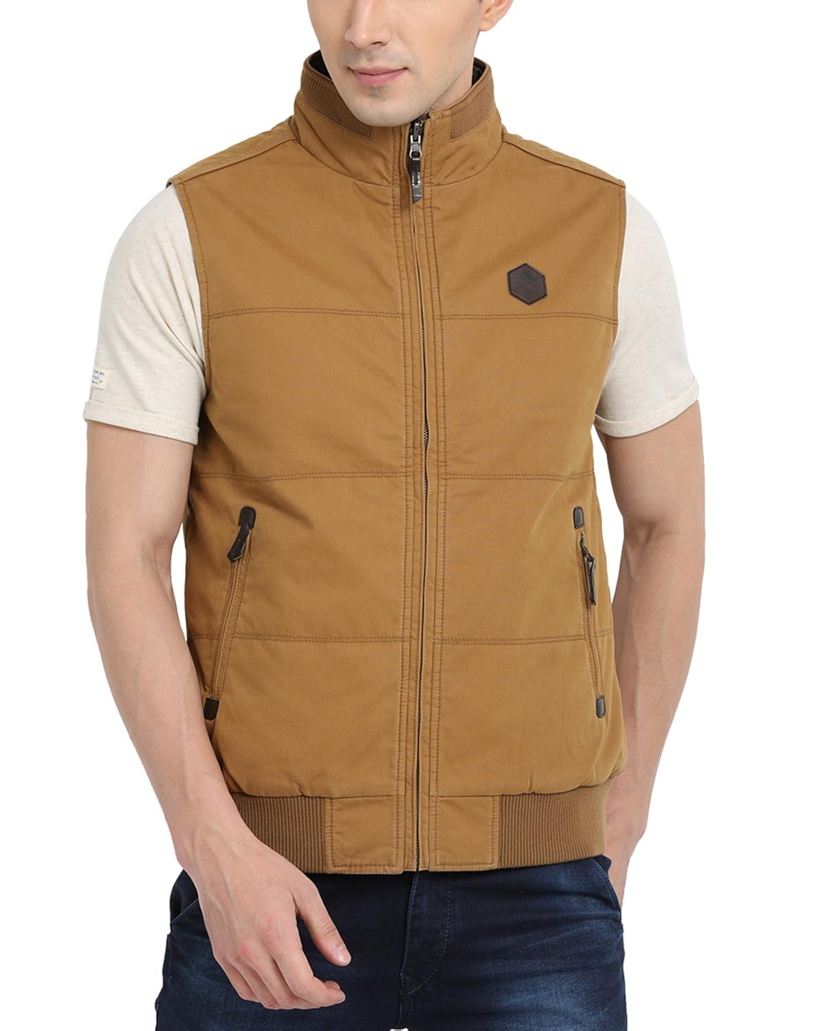 beige sleeveless jacket