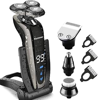 Kurener 4-in-1 Electric Shaver for Men: Rechargeable 100% Waterproof Rotary Razor with Nose Trimmer, Sideburns Trimmer & Facial Brush