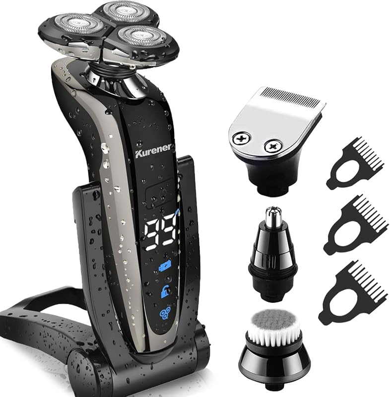 Afeitadora eléctrica para hombres, afeitadora rotativa 100% resistente al agua, recargable, con recortador de nariz, patillas, cepillo de limpieza facial