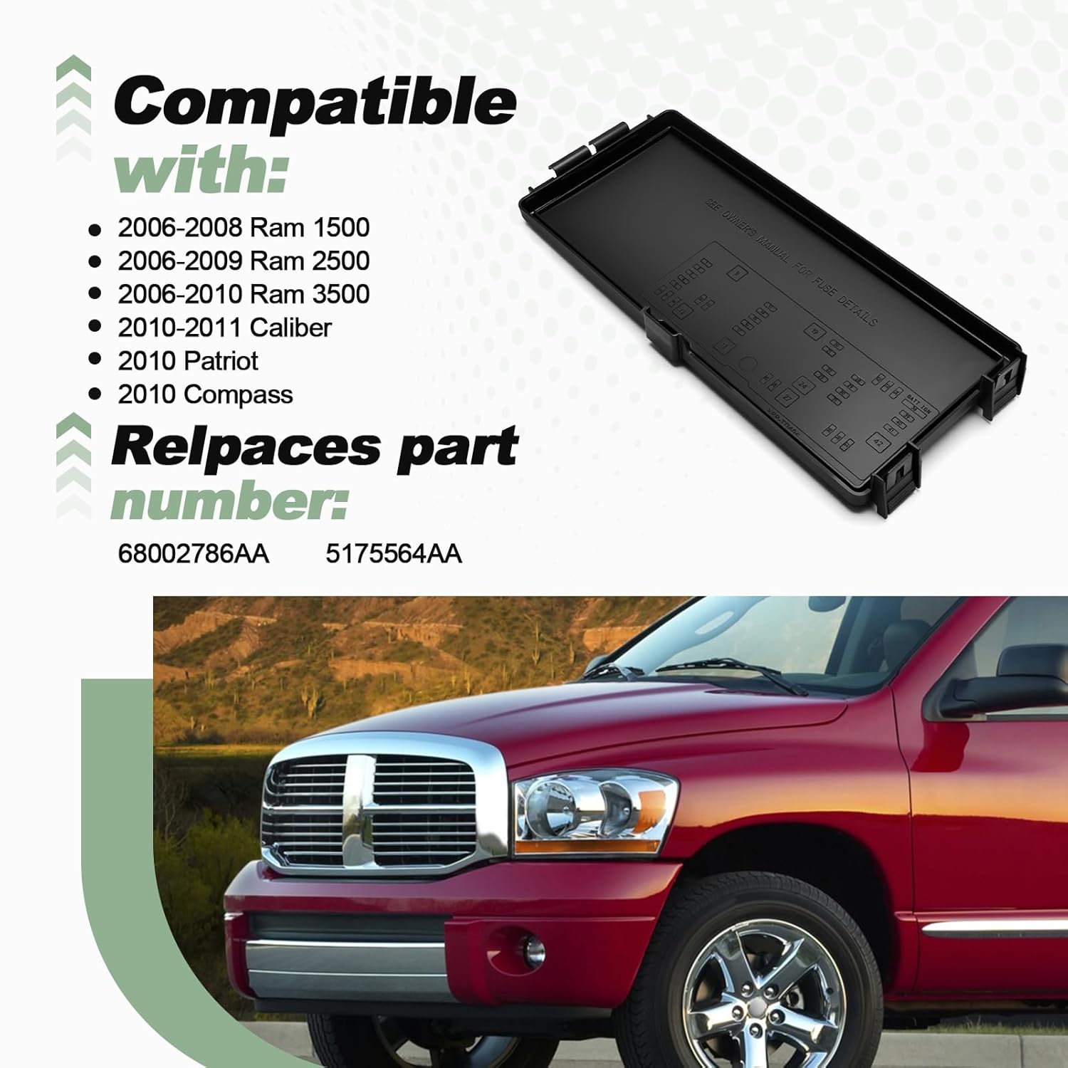 Engine Fuse Box Cover Power Module Cover Relay Lid Compatible with 2006-2008 Ram 1500 2006-2009 Ram 2500 2006-2010 Ram 3500 2010-2011 Caliber 2010 Patriot 2010 Compass Replace 68002786AA 5175564AA