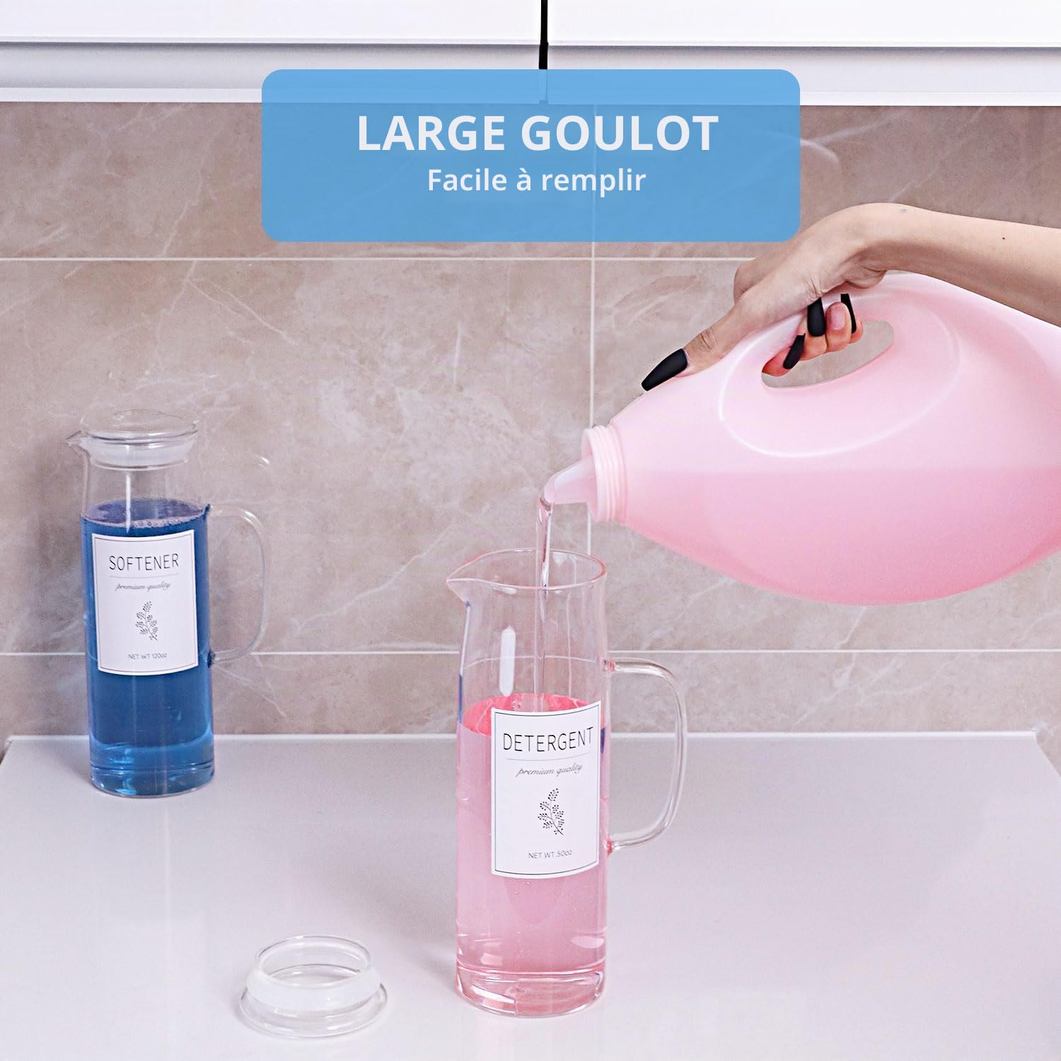 Lot de 2 distributeurs de détergent à lessive avec étiquettes et poignée pour l'organisation et le rangement de la buanderie - Facile à verser - 1,417,5 g - Pour décoration de buanderie,