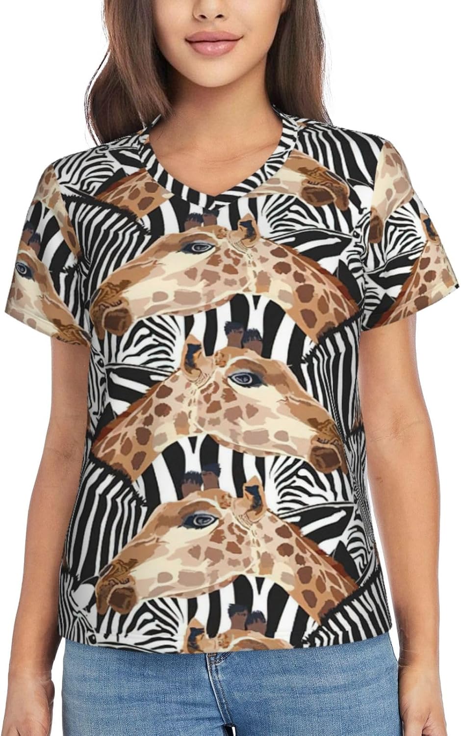 Women Casual Zebra and Giraffe Print V-Neck T-Shirt Short Sleeve Summer Trendy Tops.