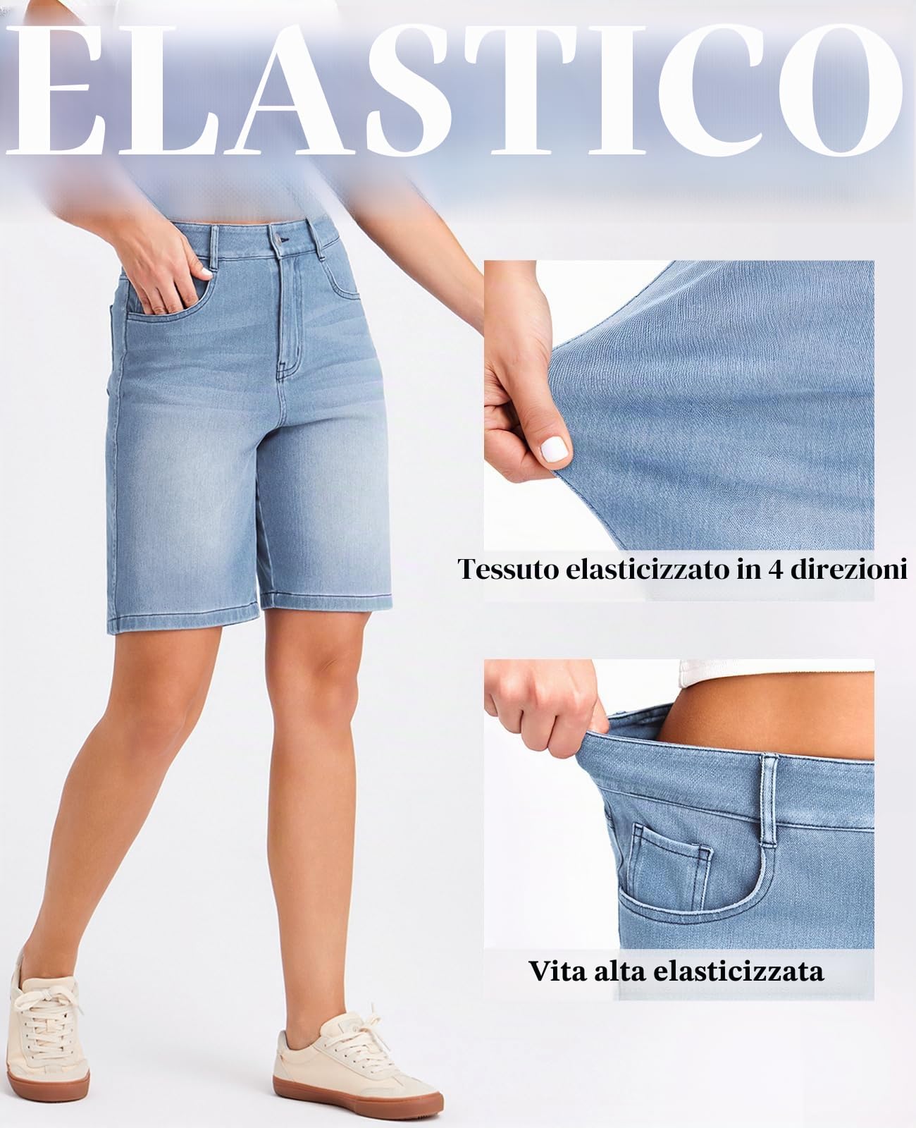 LaiEr Pantaloncini Bermuda da Donna in Denim a Vita Alta Pantaloncini in Jeans Elasticizzati Larghi con Cerniera e Bottone,Lunghezza al Ginocchio,Ideali per Look Sportivi Casual,Fitness,Yoga