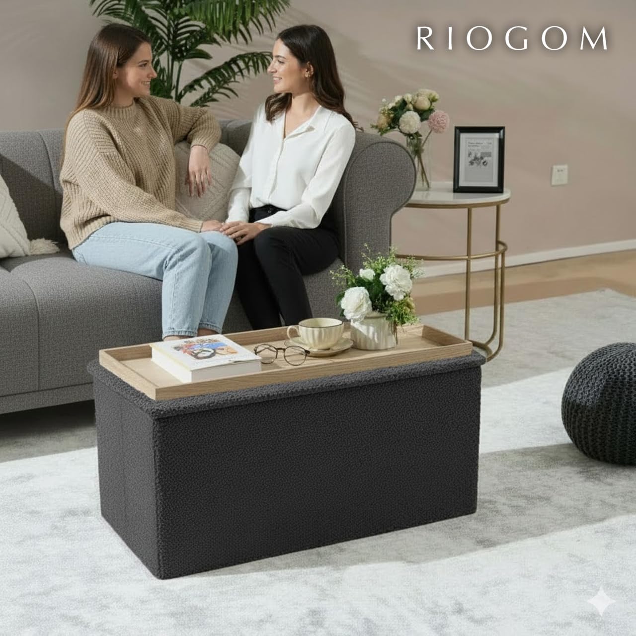 ️ Puff Almacenaje Plegable con Mesa de Madera Reversible Tela Suave | Taburete Reposapies Sofa | Baúl de Almacenamiento para Cama, Dormitorio, salón, Comedor o Recibidor 38x76x38cm (Gris oscu)