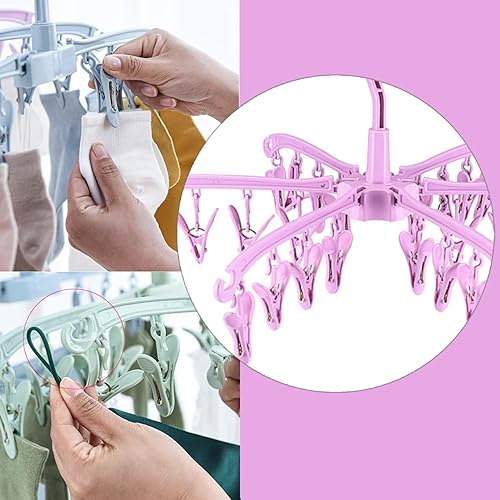 Miniatura 3 de Estante de secado plegable con 24 clips para secar calcetines, ropa de bebé, toallas de secado giratorias, 2 unidades (rosa)