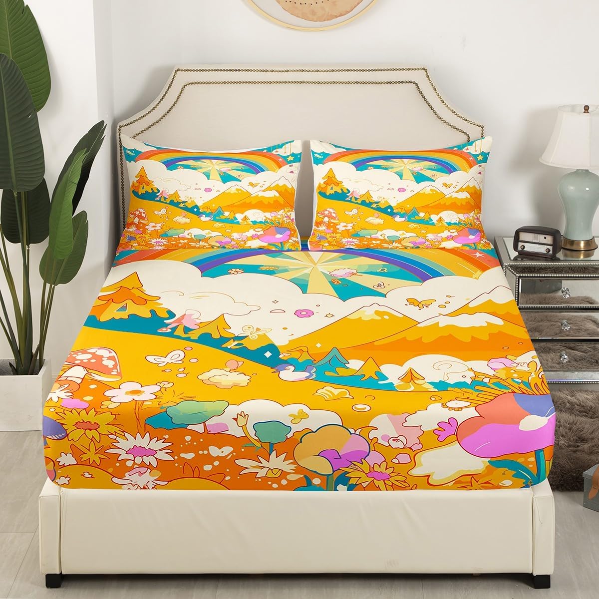 Vintage 70S 60S Groovy Bed Sheets Queen Retro Clouds Stars Sun And Rainbow Sheet Set Boho Hippie Mushroom Floral Botanical Bedding Set Trippy Orange Fitted Sheet + Flat Sheet + 2 Pillow Cases