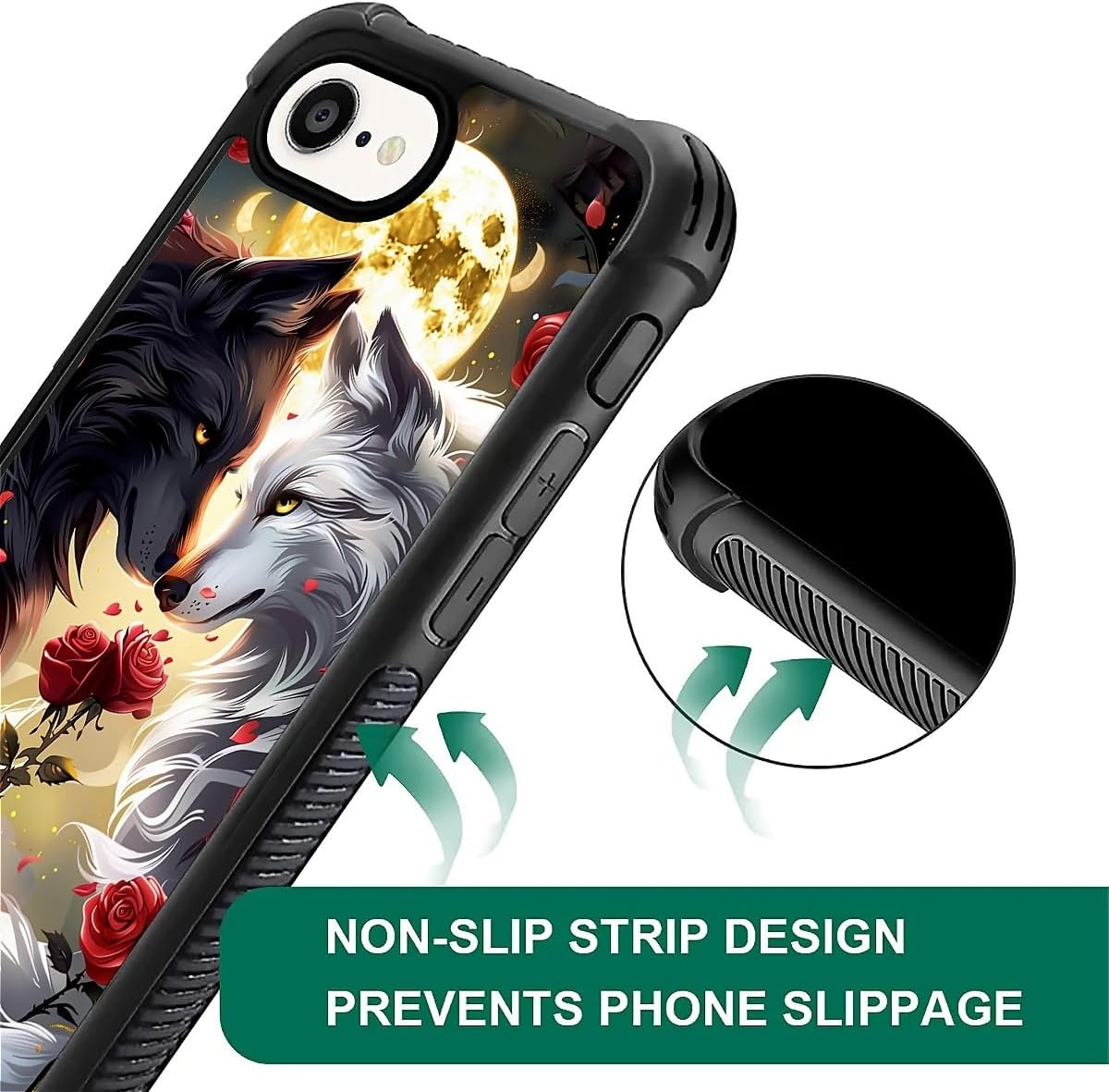 for iPhone 16e Case,Graphic Design for Girl Boy Soft Silicone Hard Acrylic Shock Protection Designed for iPhone 16e Black White Wolf Moon Flower Rose Pattern image 4